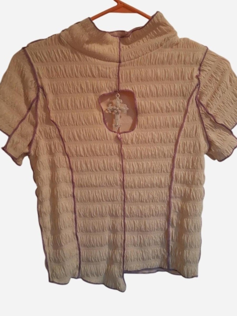 Cream Short-Sleeve Textured Top with Cross Charm NWOT